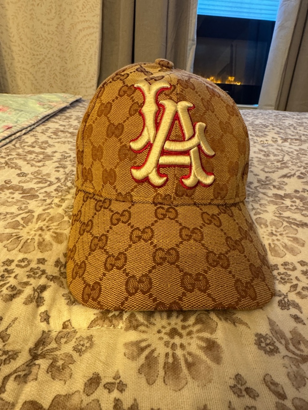 Gucci Brown GG Monogram Baseball Cap with Red & White LA Patch